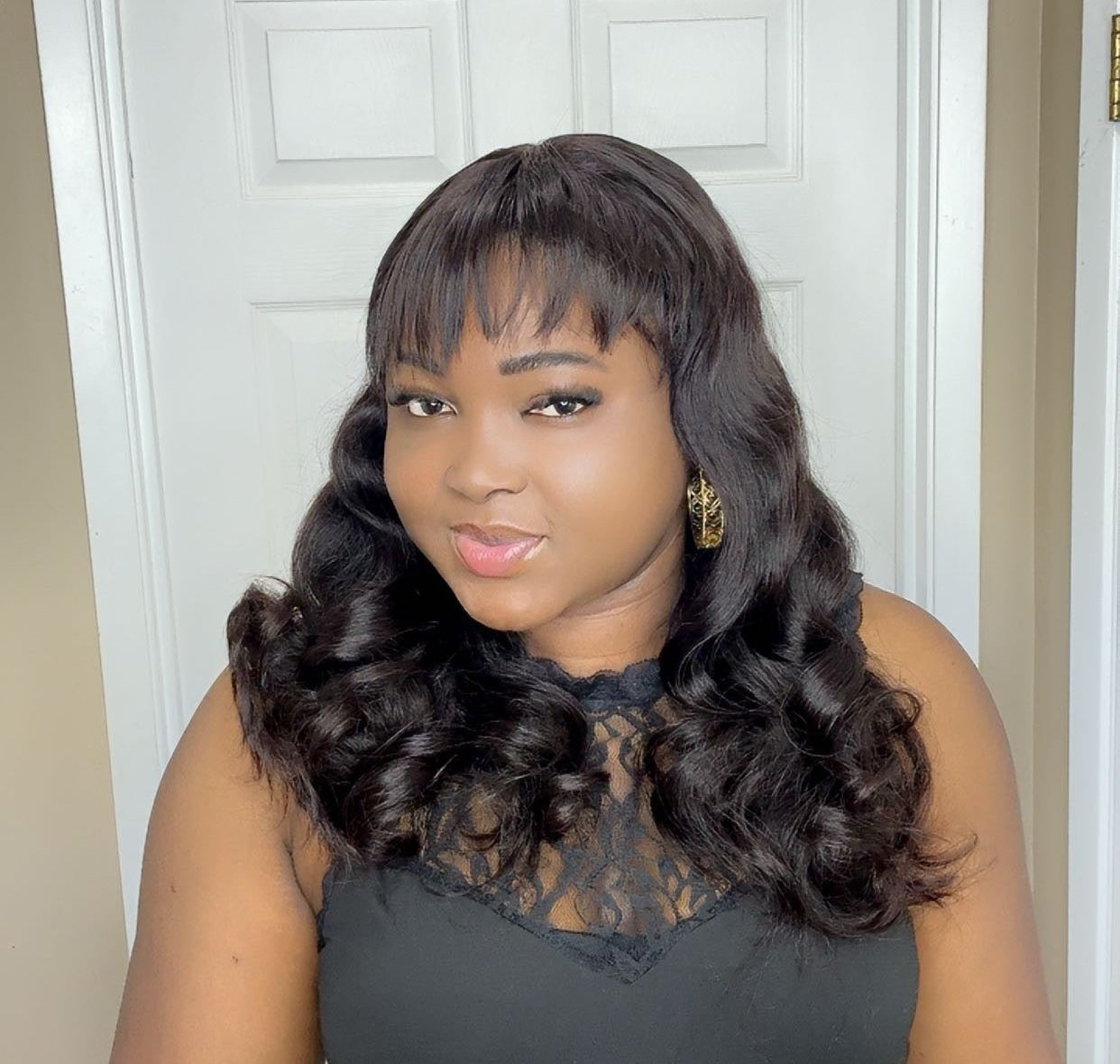 Fivans_Hair Fringe Bouncy Curl Wig – 18” | Natural Color | Full Bang | 100% Virgin Human Hair