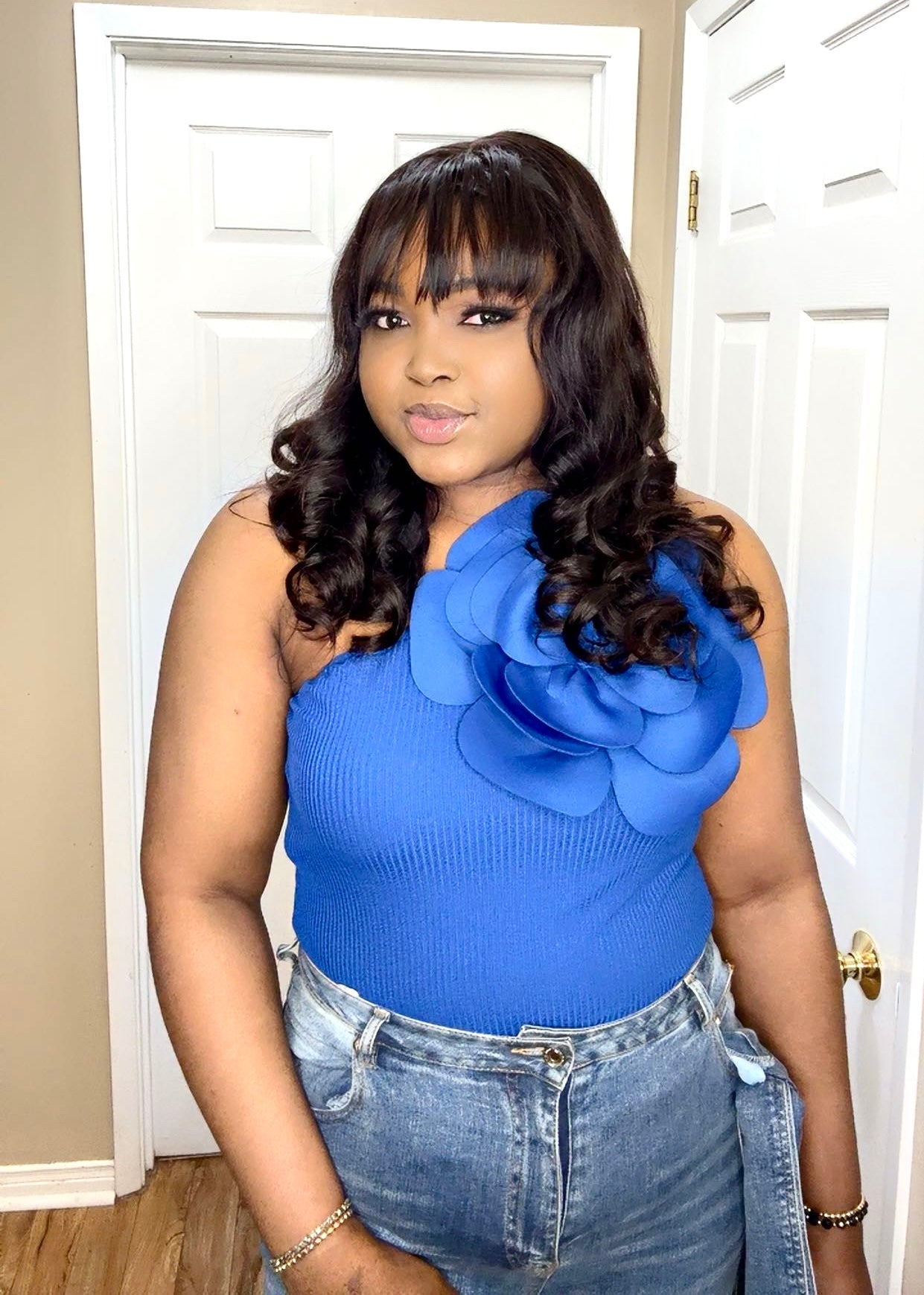 Fivans_Hair Fringe Bouncy Curl Wig – 18” | Natural Color | Full Bang | 100% Virgin Human Hair