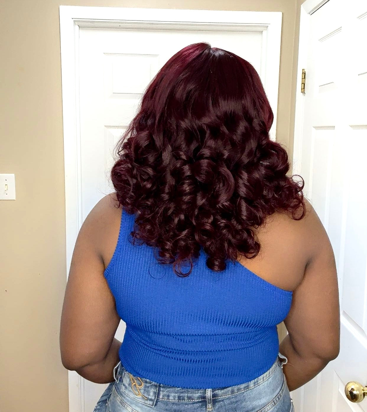 Fringe Bouncy Curl Wig – 16” | Burgundy | Full Bang | 100% Virgin Human Hair