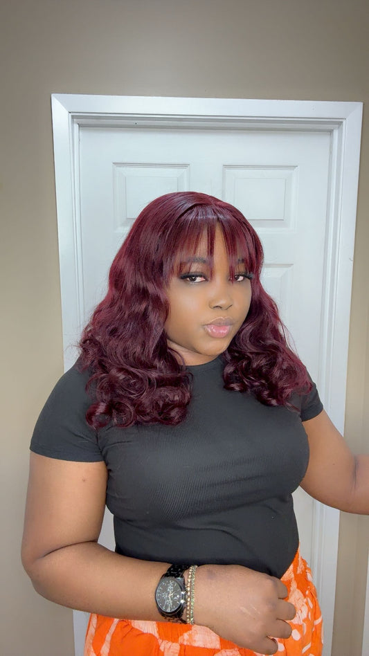 Fringe Bouncy Curl Wig – 16” | Burgundy | Full Bang | 100% Virgin Human Hair
