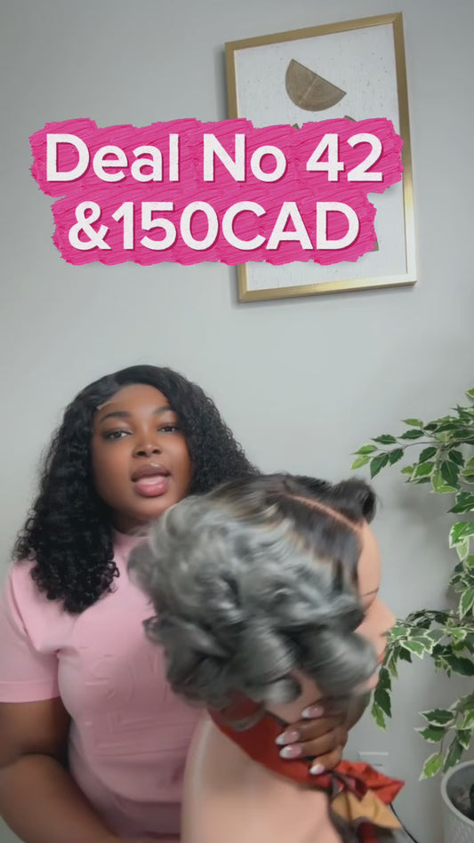 Deal No 42 - 10” grey bouncy curls paired with 5*5 closure
